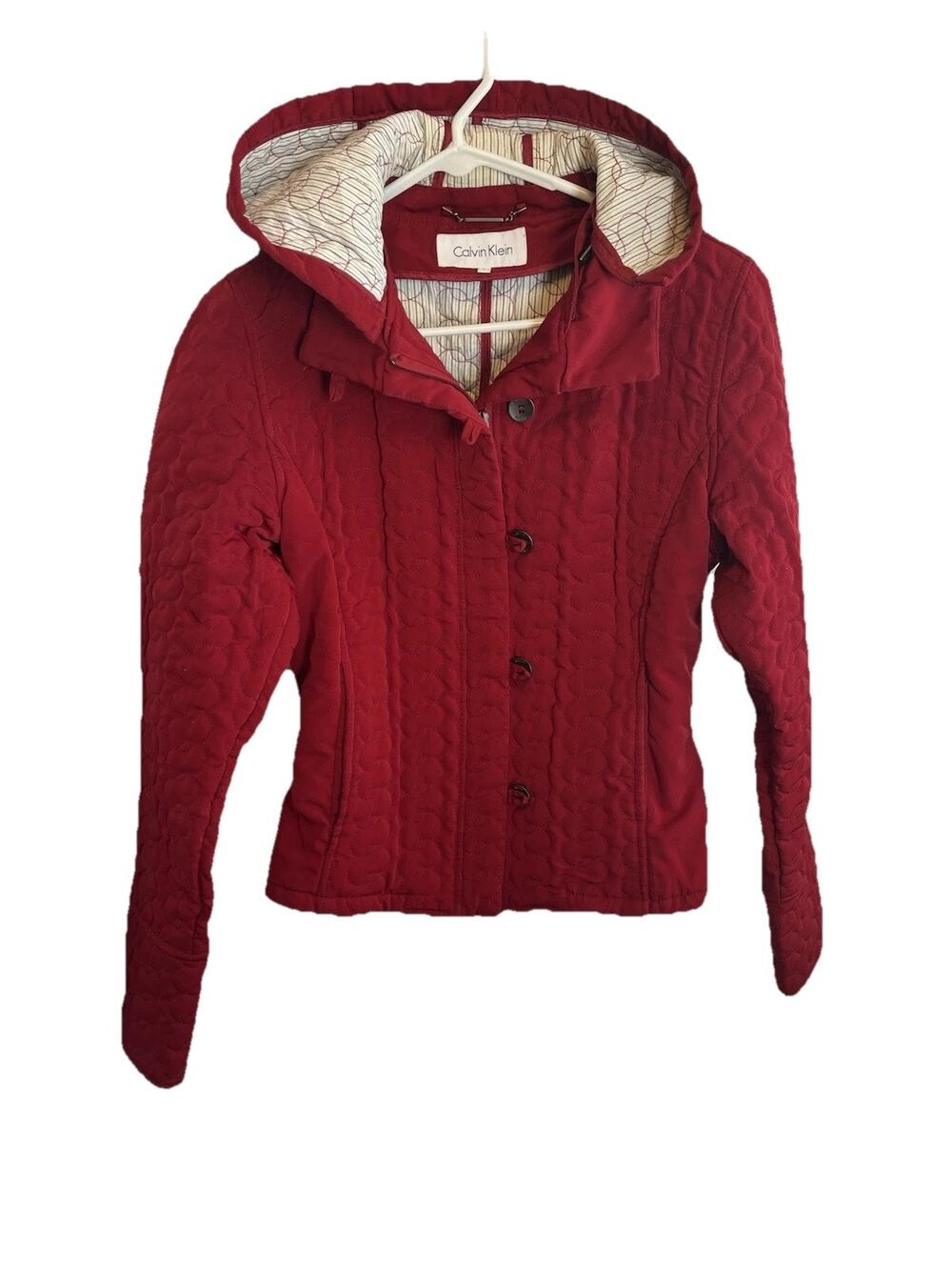 Calvin Klein- Red Quilted Hooded Lined Coat Size Small Button And Zip Closures